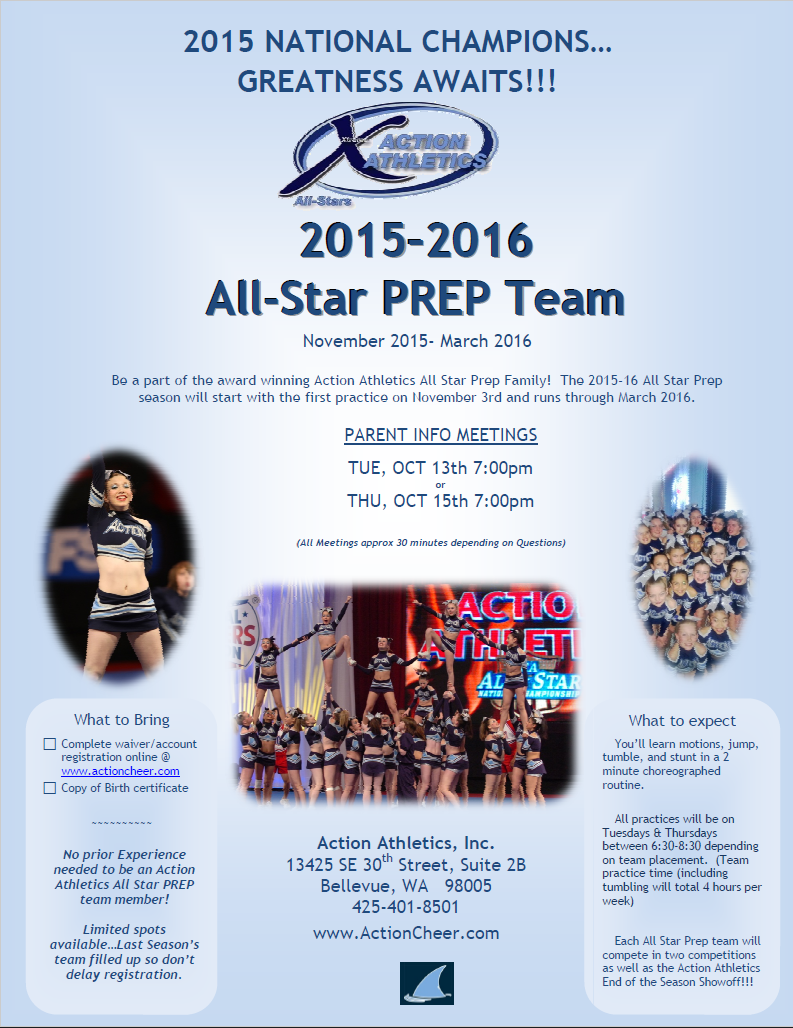 Flyer for 2015-2016 Action Athletics All-Star Prep Cheer Team
